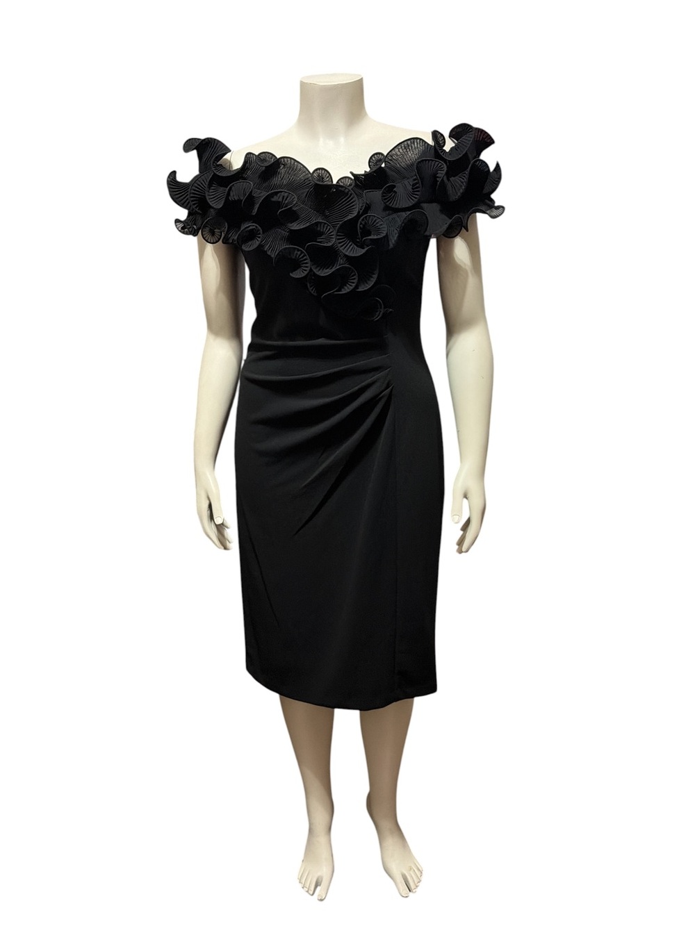 NWT Xscape Sz 16 Black Ruffle Off the Shoulder Scuba Crepe Midi Dress $228 - Picture 2 of 11